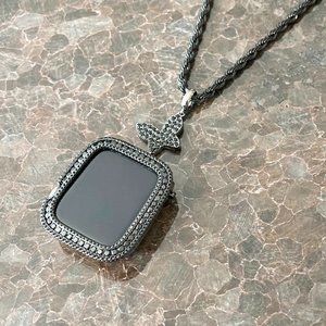 EMJ Bling Apple Watch Butterfly Charm Pendant Chain Necklace Black Zirconia Case